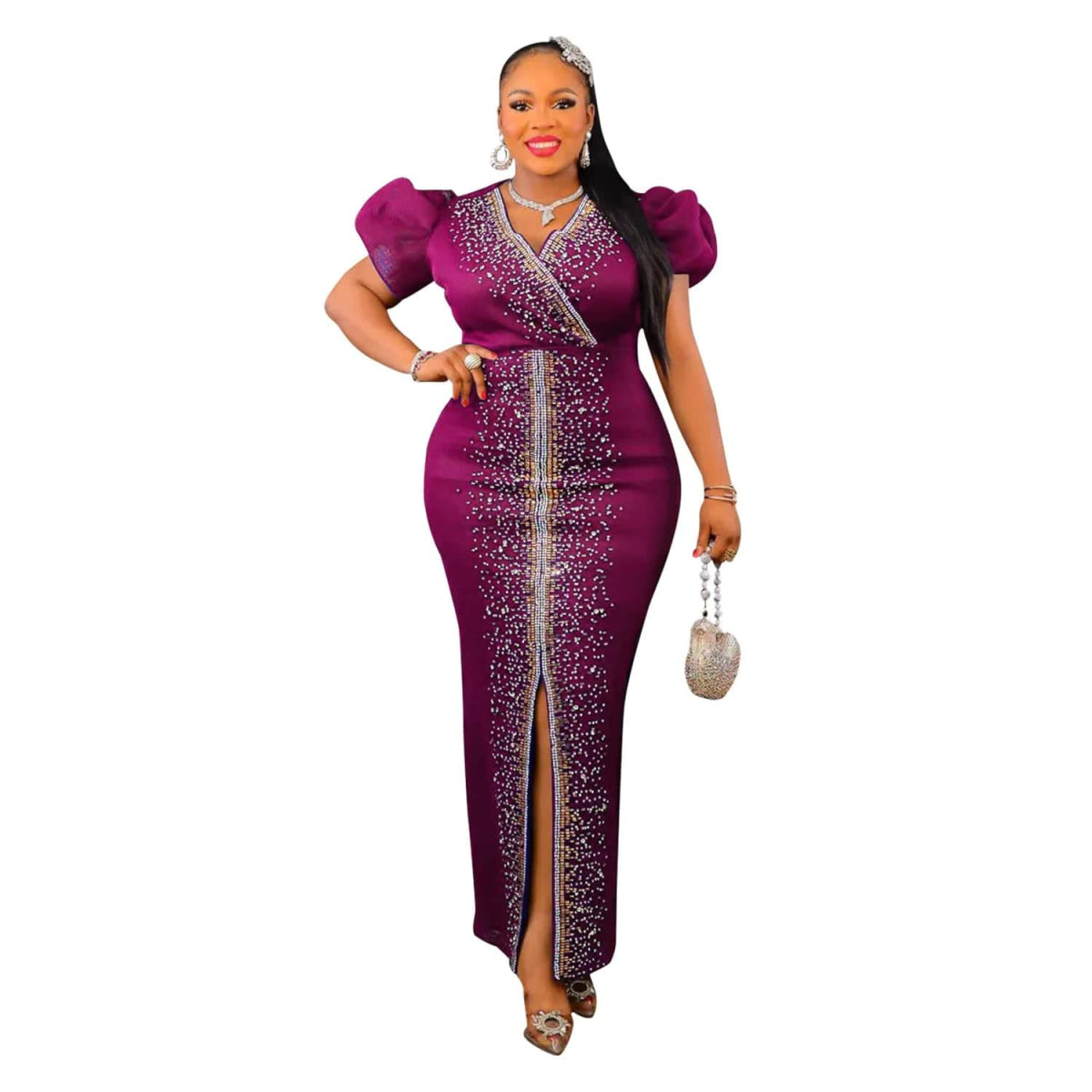 Puff Sleeve Birthday Party Prom Rhinestone Slit Dress Long Luxury Elegant Women Night Club Wedding Evening Sexy Bodycon Dresses - SHOWLU FASHION STORE