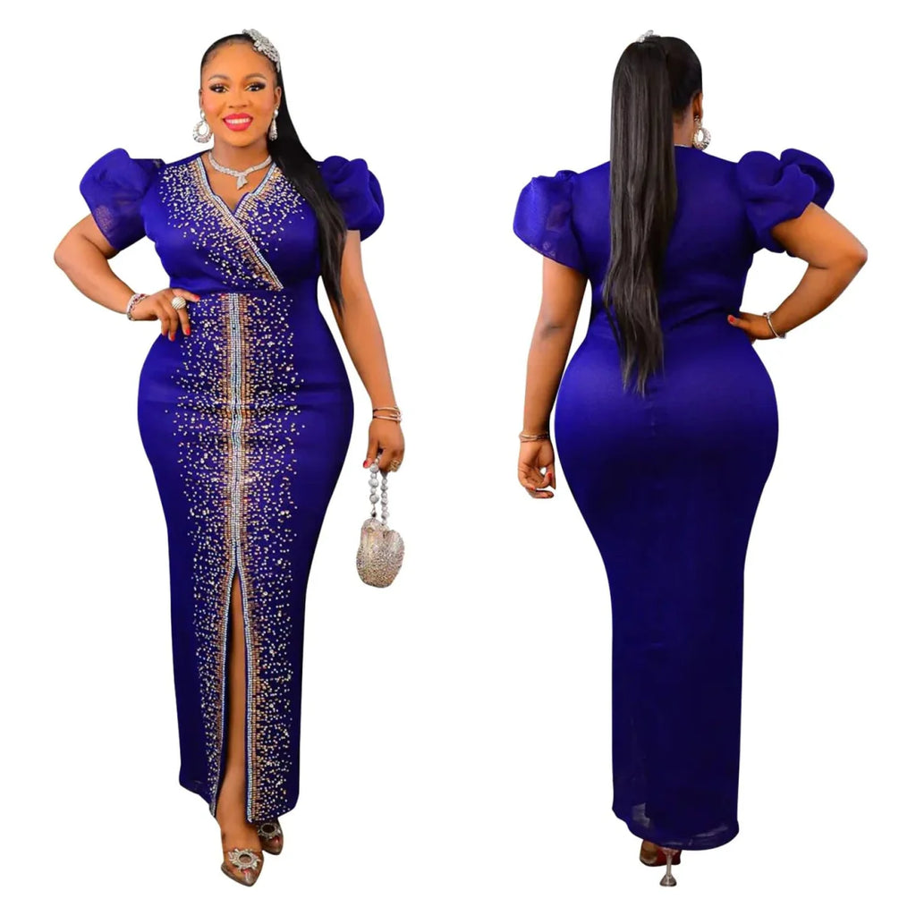 SHOWLU FASHION STORE puff sleeve rhinestone slit evening dress, elegant bodycon style perfect for parties, proms, or weddings.
