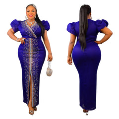 Puff Sleeve Birthday Party Prom Rhinestone Slit Dress Long Luxury Elegant Women Night Club Wedding Evening Sexy Bodycon Dresses - SHOWLU FASHION STORE