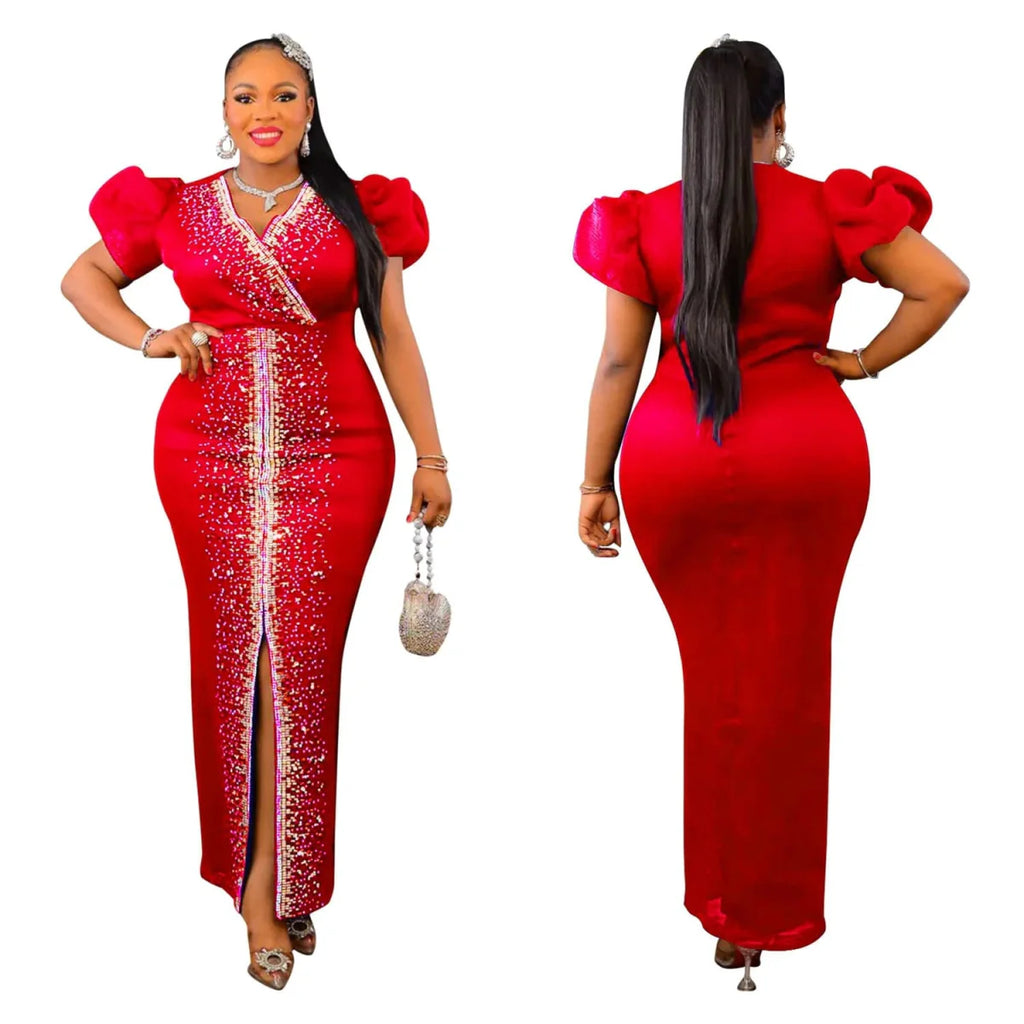 SHOWLU FASHION puff sleeve rhinestone slit evening dress, sexy bodycon style perfect for parties, proms, and elegant nights out.