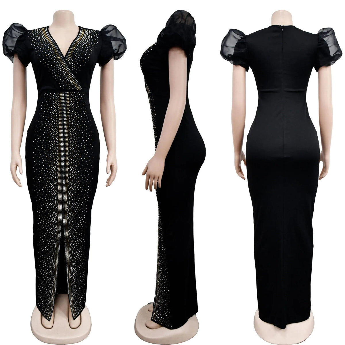 Puff Sleeve Birthday Party Prom Rhinestone Slit Dress Long Luxury Elegant Women Night Club Wedding Evening Sexy Bodycon Dresses - SHOWLU FASHION STORE