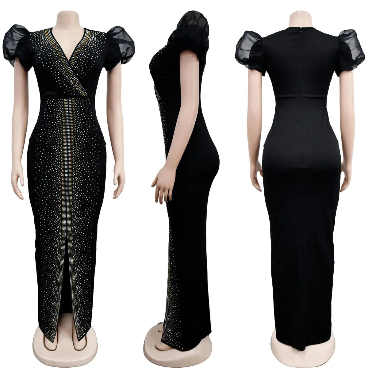 SHOWLU FASHION Puff Sleeve Rhinestone Slit Evening Dress, elegant bodycon gown with puff sleeves and a seductive slit for special occasions.