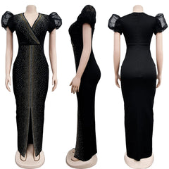 Puff Sleeve Birthday Party Prom Rhinestone Slit Dress Long Luxury Elegant Women Night Club Wedding Evening Sexy Bodycon Dresses - SHOWLU FASHION STORE