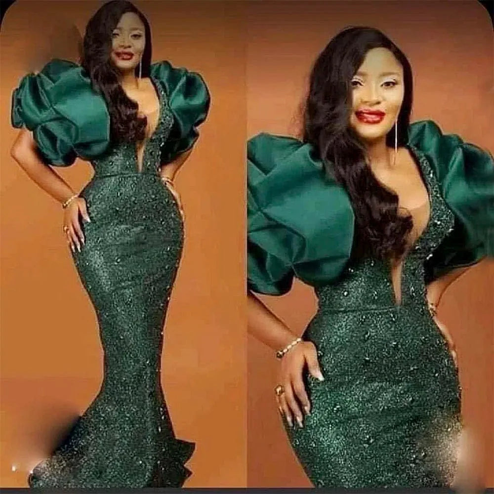 Hunter green mermaid prom dress with puff sleeves, beaded sequins, and fitted silhouette, designed for elegant evening and party occasions.