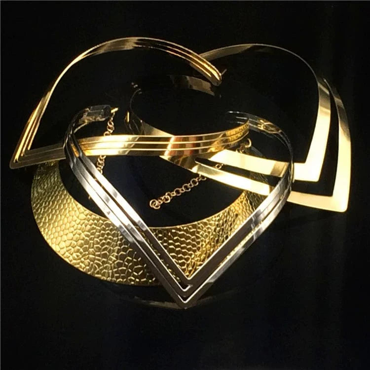 Showlu Fashion punk metal clavicle chain necklace with layered blade design, street style accessory for edgy fashion looks.