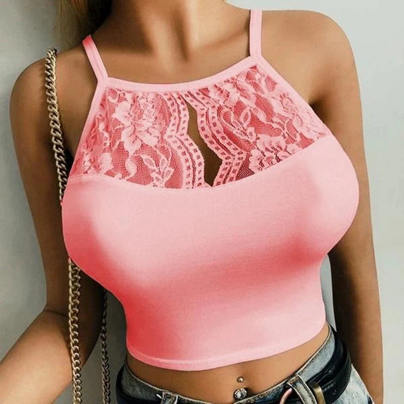 Slim-fit women's lace halter top in solid color, stylish streetwear by Showlu Fashion, with a sleek and modern design.