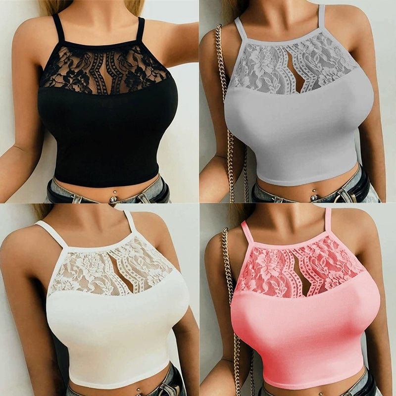 Showlu Fashion women's slim-fit lace halter top in solid color, stylish streetwear with a sleek, modern design.