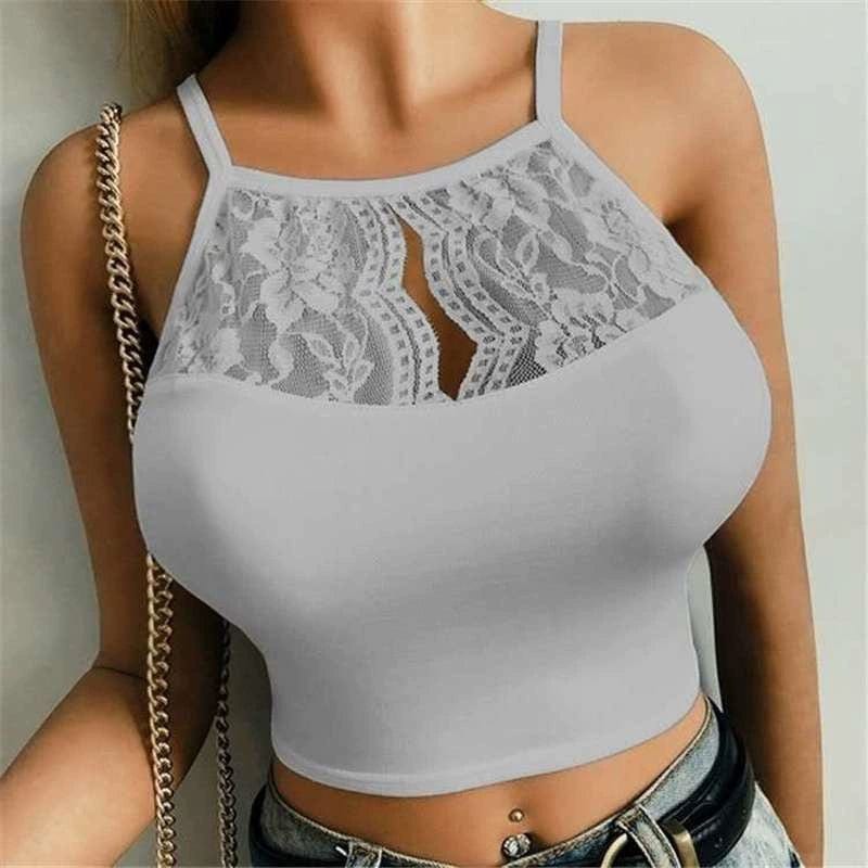 Slim-fit women's lace halter top in solid color, stylish street wear by Showlu Fashion, shown in pure color with halter neckline.