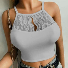 A light gray slim-fit halter crop top featuring a decorative lace panel on the chest.