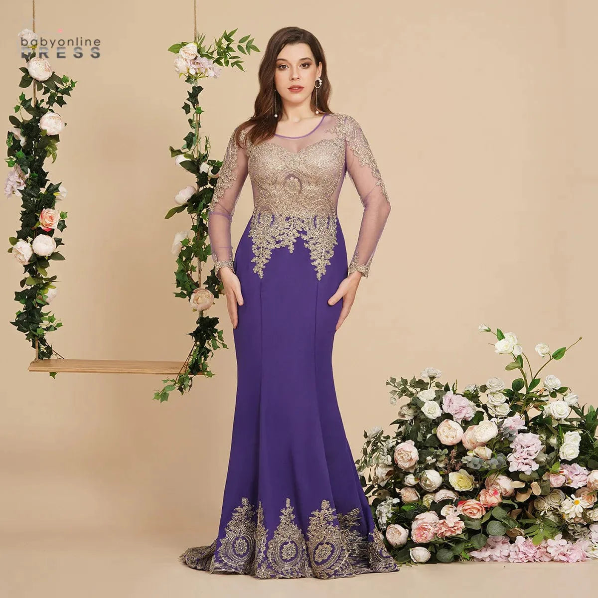 Purple mermaid prom dress by SHOWLU FASHION with beaded lace appliqué, backless design, long sleeves, elegant formal evening gown.