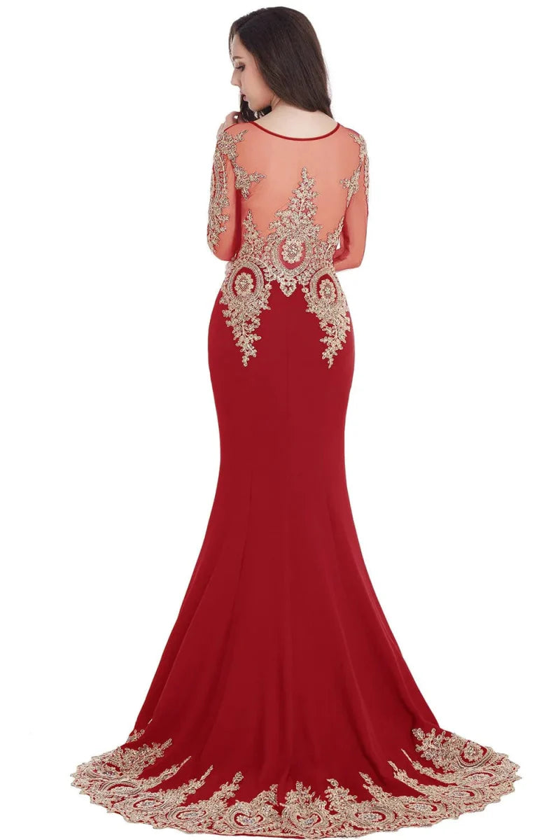 Purple MisShow mermaid prom dress with beaded lace applique, backless design, long sleeves, and elegant formal evening gown style.