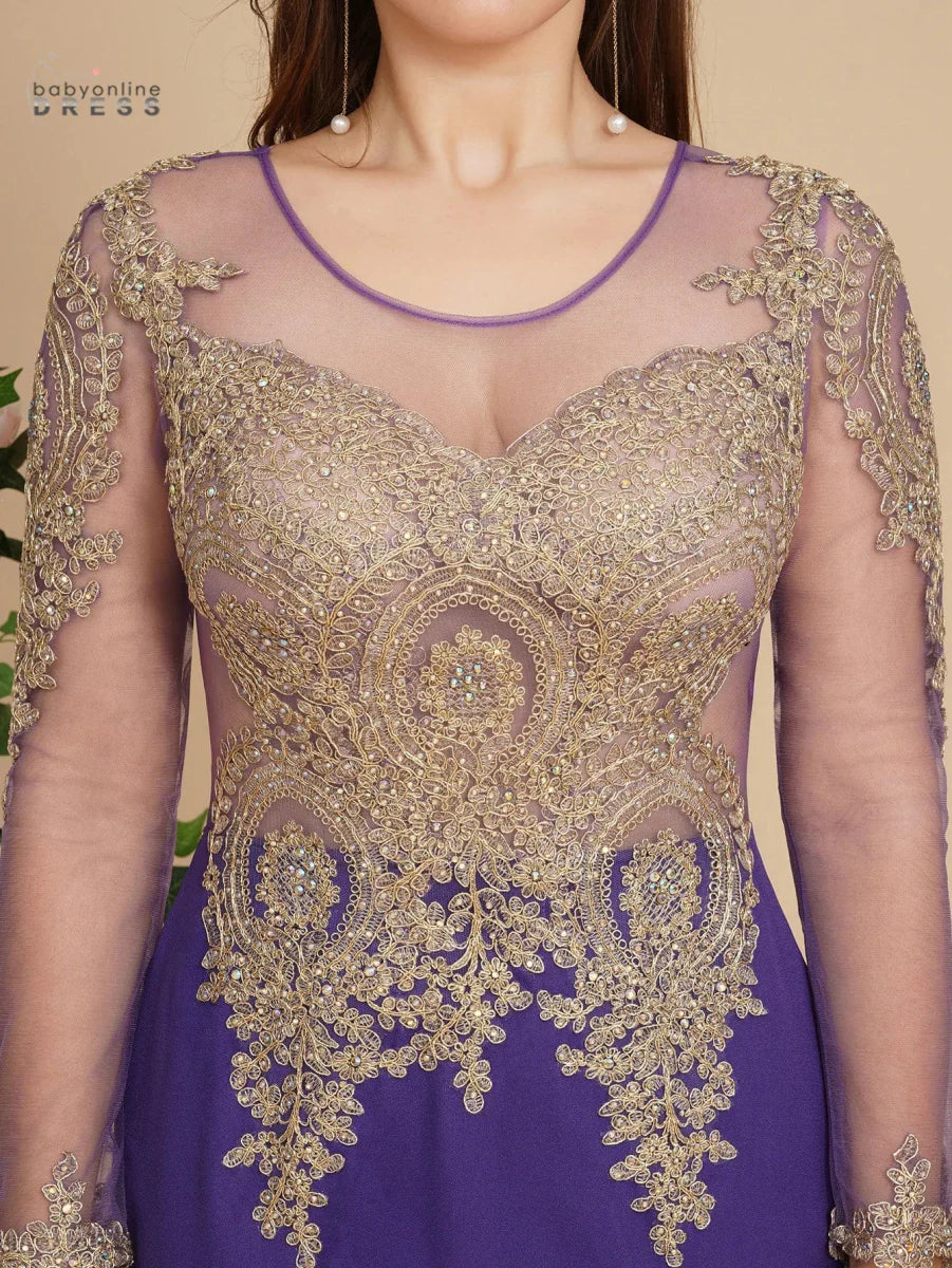 Purple mermaid prom dress by SHOWLU FASHION with beaded lace appliqué, backless design, long sleeves, elegant formal evening gown