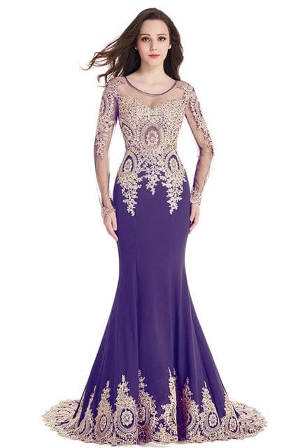 Purple MisShow Mermaid Prom Dress by SHOWLU FASHION with beaded lace appliqué, backless design, long sleeves, elegant evening gown.