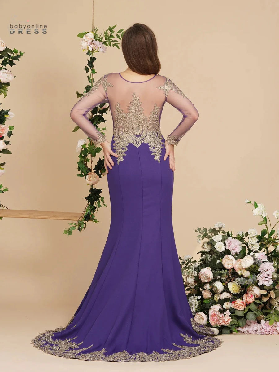 Purple MisShow mermaid prom dress with beaded lace applique, long sleeves, backless design, elegant evening gown for formal events.