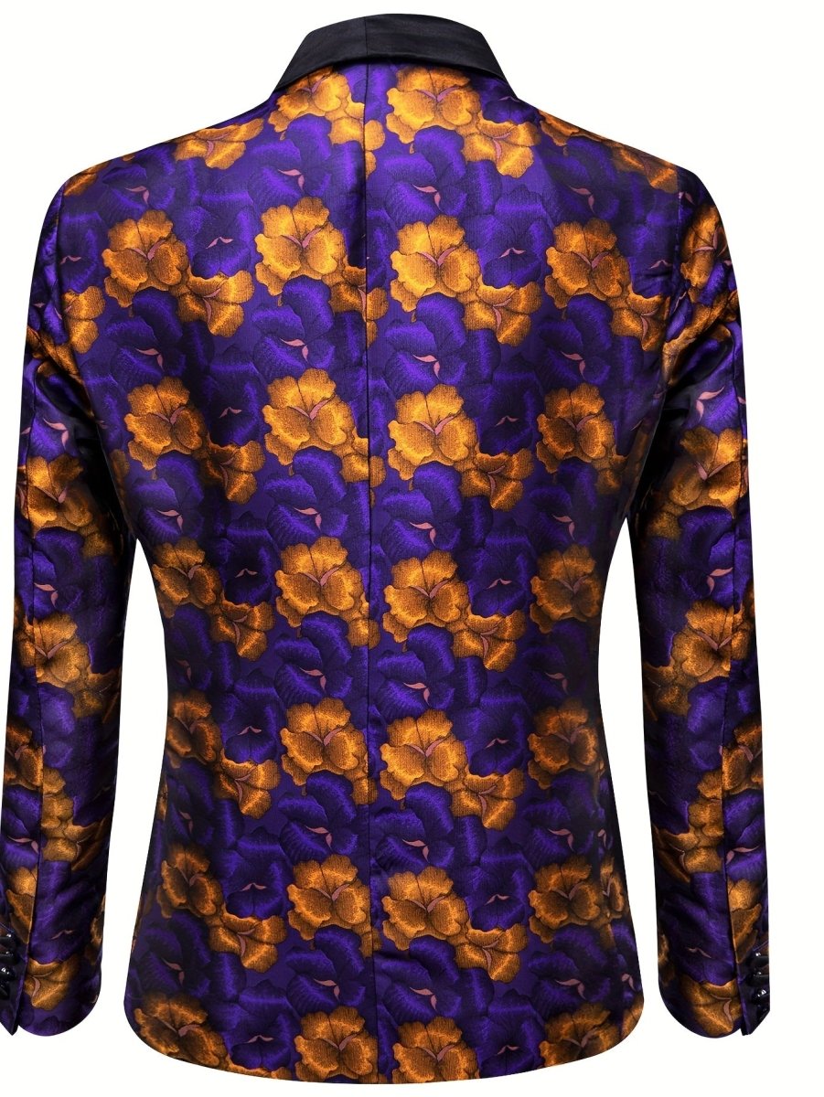 SHOWLU FASHION Purple Floral Jacquard Blazer with shawl lapel, vintage style, button closure, ideal for wedding or casual occasions.
