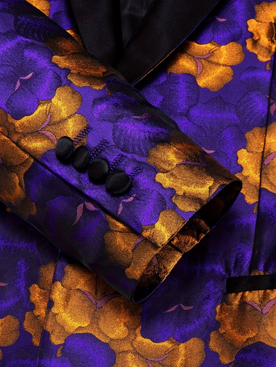 SHOWLU FASHION Purple Floral Jacquard Blazer with shawl lapel, vintage style, casual suit jacket for women, floral pattern.