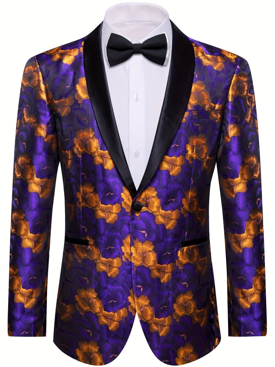 Purple floral jacquard blazer with shawl lapel, casual vintage suit jacket for women, perfect for weddings or stylish occasions.