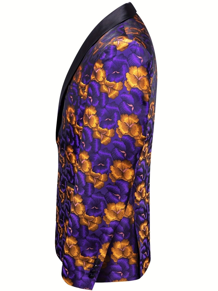 SHOWLU FASHION Purple Floral Jacquard Blazer with shawl lapel, vintage style, casual button-up suit jacket for women.