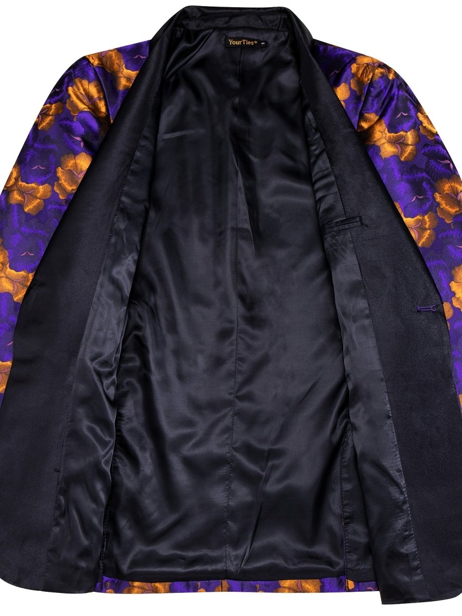 Purple floral jacquard blazer with shawl lapel, vintage style, casual button jacket perfect for weddings and formal events.
