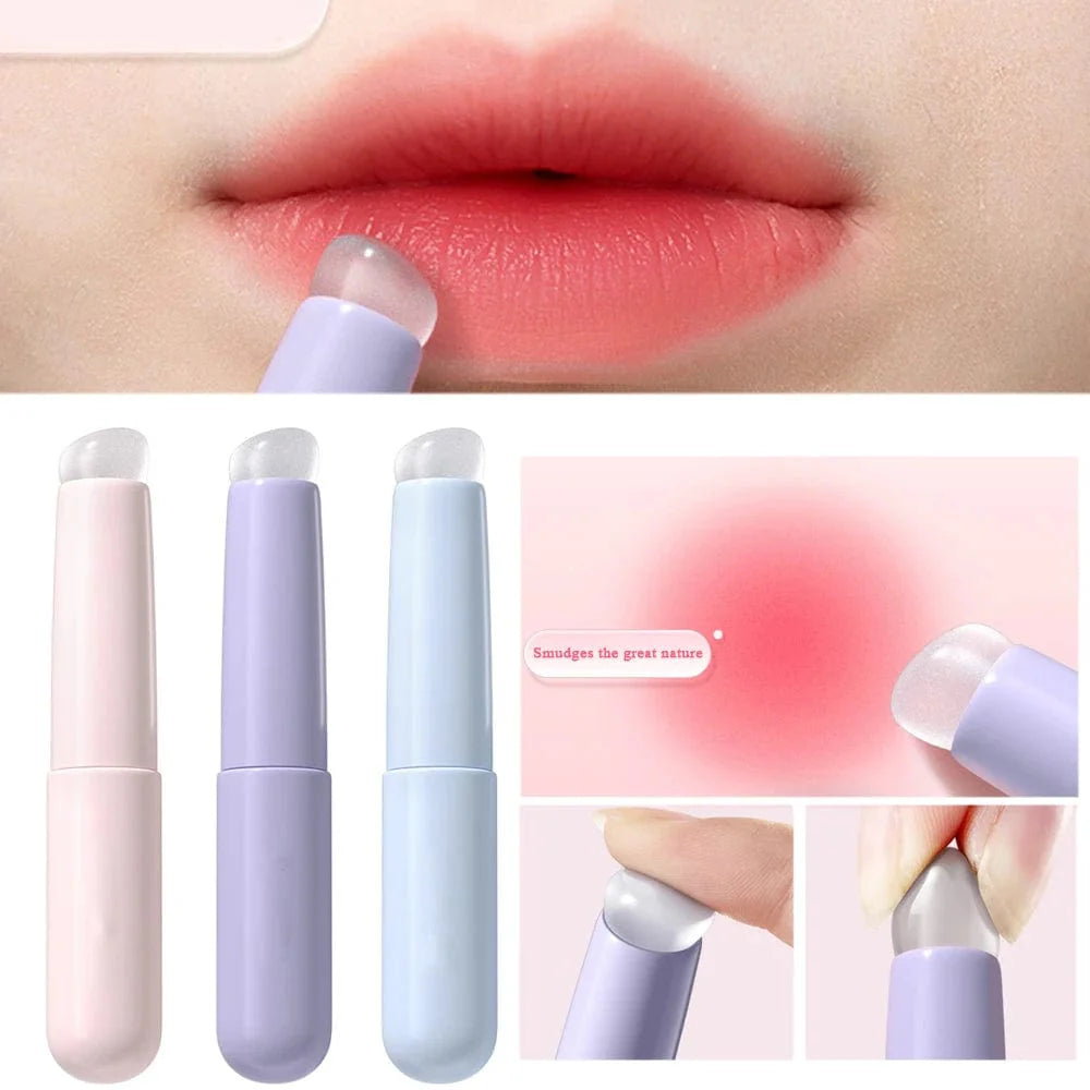 Showlu silicone round head lip brush with dust-proof cover, versatile cosmetic tool for applying lipstick and eyeshadow.