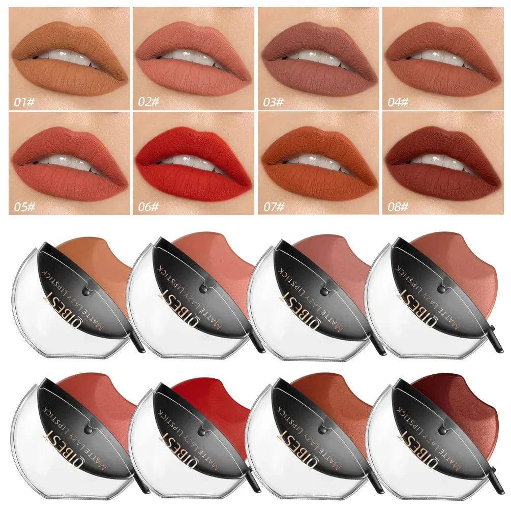 QiBest lip-shaped lipstick by Showlu Fashion Store featuring velvet matte finish, moisturizing, waterproof, and long-lasting lip gloss.