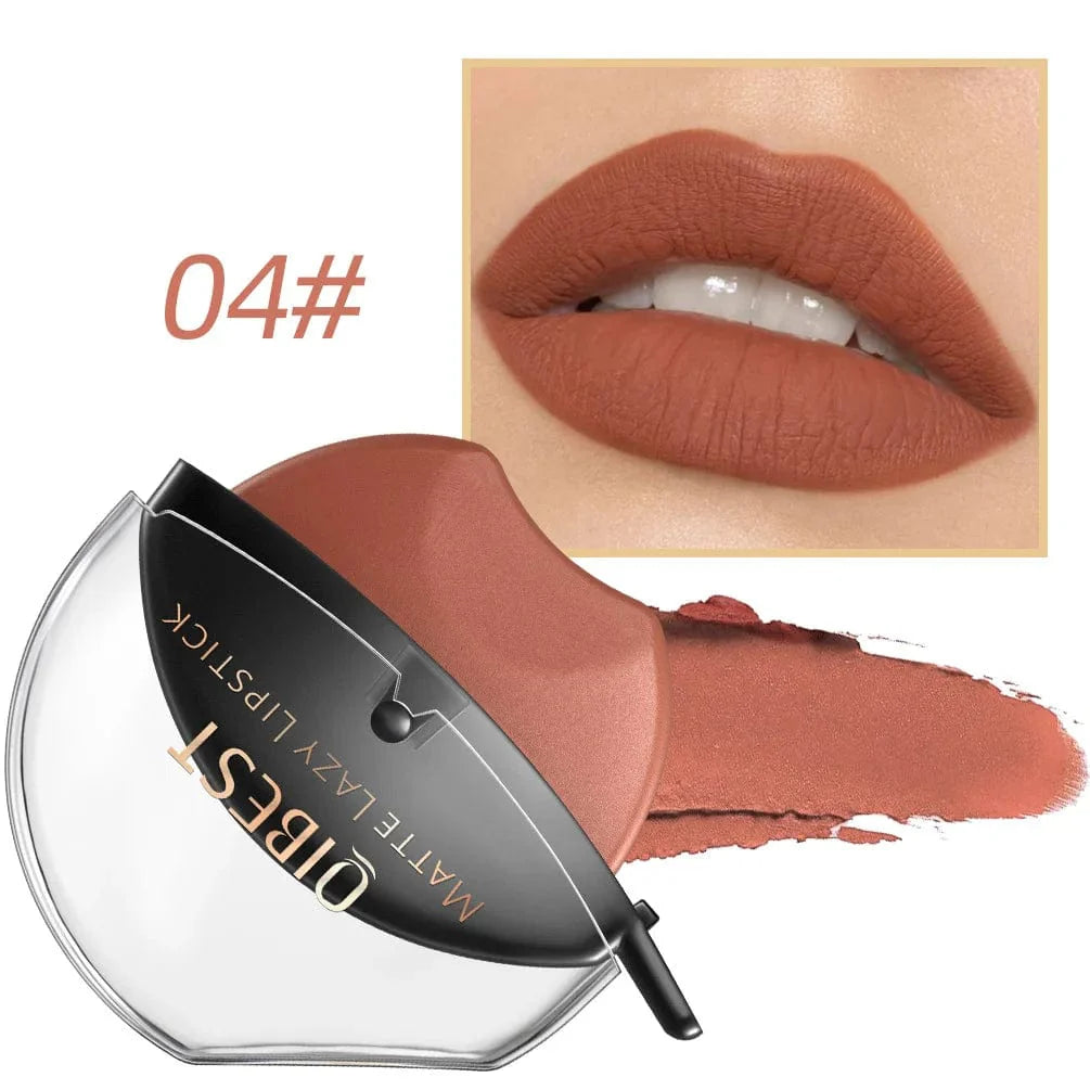 QiBest Lip-Shaped Lazy Lipstick by Showlu Fashion in velvet matte finish, showcasing its unique water-resistant, moisturizing lip gloss form.