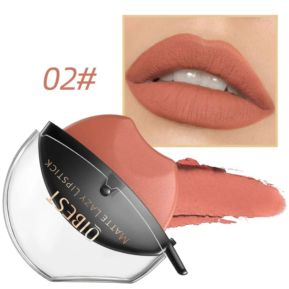QiBest Lip-Shaped Lazy Lipstick by Showlu Fashion Store showcasing a velvet matte, long-lasting, moisturizing waterproof lip gloss.