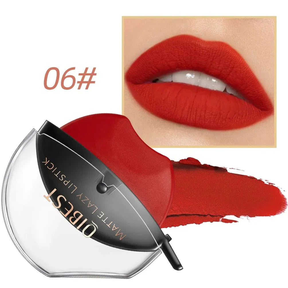 QiBest Lip-Shaped Lazy Lipstick by Showlu Fashion Store showing a velvet matte, moisturizing, waterproof lipstick with a lip-shaped design.