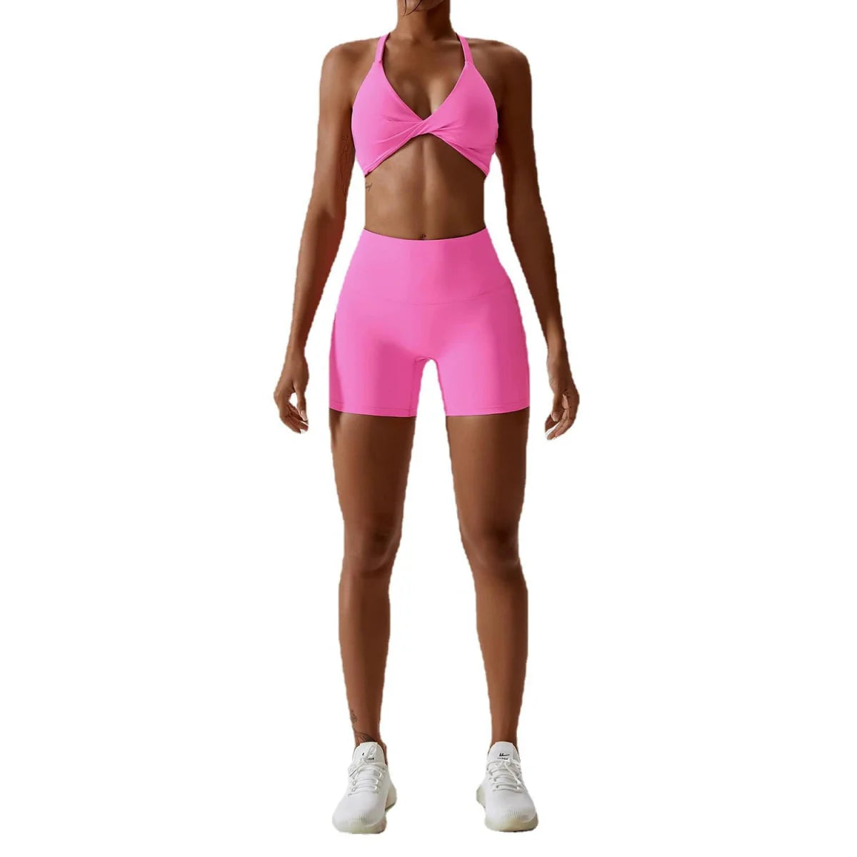 Showlu Nude Feel Yoga Suit, quick-drying two-piece fitness set in nude color, designed for yoga, running, and workout activities.