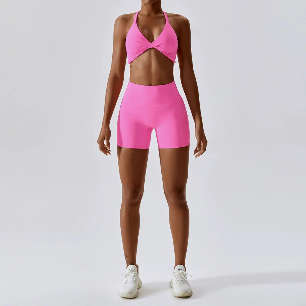 Showlu Nude Feel Yoga Suit, quick-drying two-piece fitness set in candy color for sexy sports, running, and yoga workouts.
