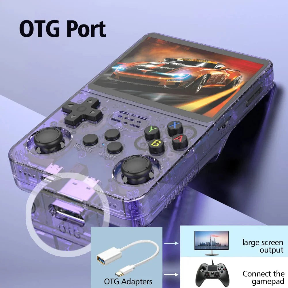 Boyhom R36S Retro Handheld Game Console with 3.5-inch IPS screen, 64GB storage, portable design, and preloaded games.