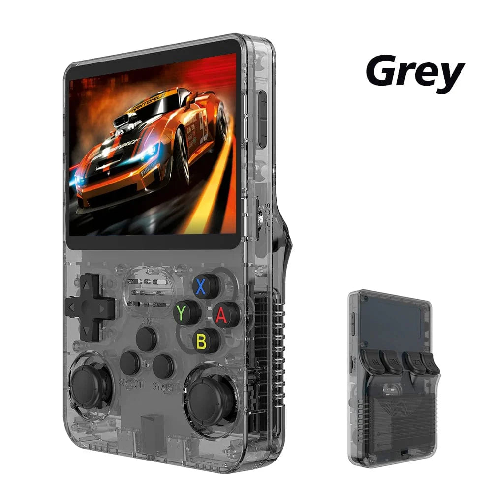 Boyhom R36S retro handheld game console with 3.5-inch IPS screen, 64GB storage, portable design, and built-in video games.