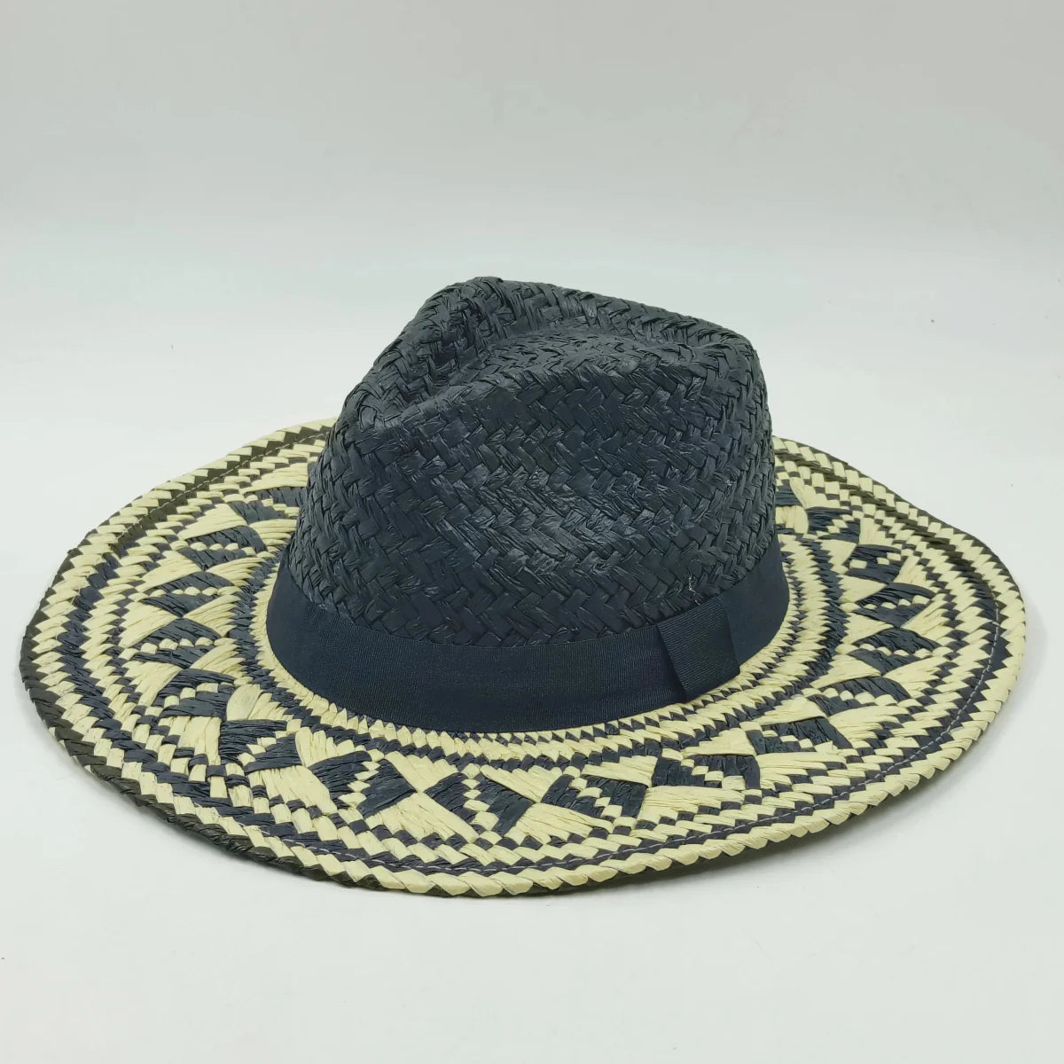 Colorful raffia straw Panama hat for women with bohemian stitching, perfect for summer beach and vacation sun protection.