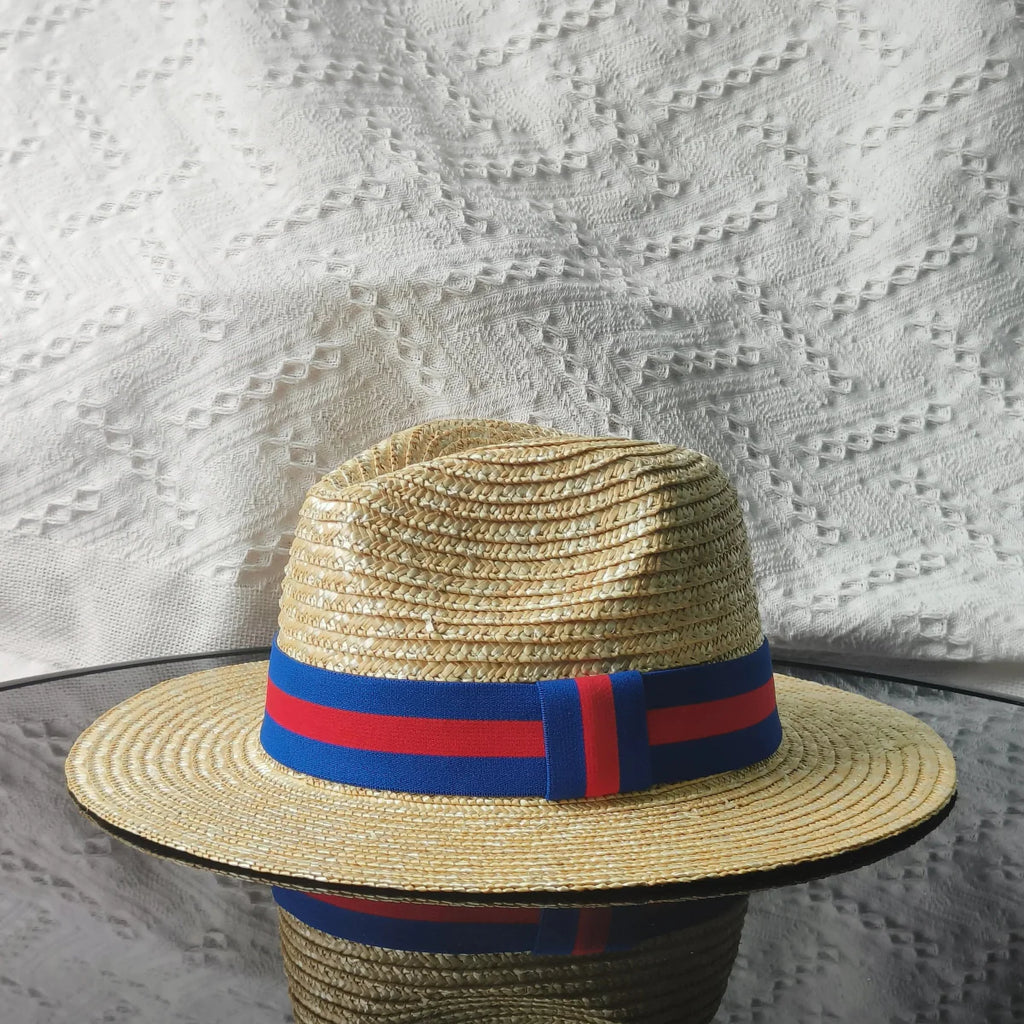 Showlu Women's Raffia Straw Panama Hat with colorful stitched design, ideal for bohemian summer beach and vacation sun protection.