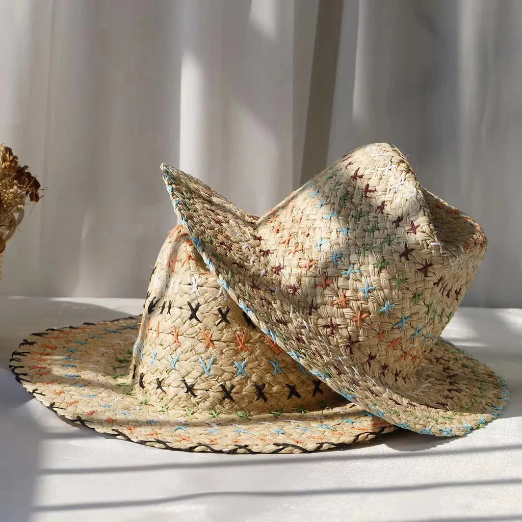 Showlu Women's Raffia Straw Panama Hat with colorful stitched design, perfect for summer beach or vacation sun protection.