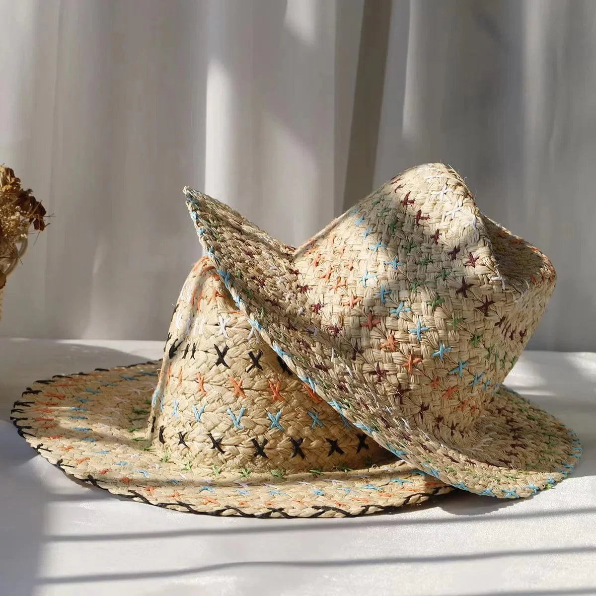 Showlu Women's Raffia Straw Panama Hat with colorful stitched design, perfect for summer beach or vacation sun protection.