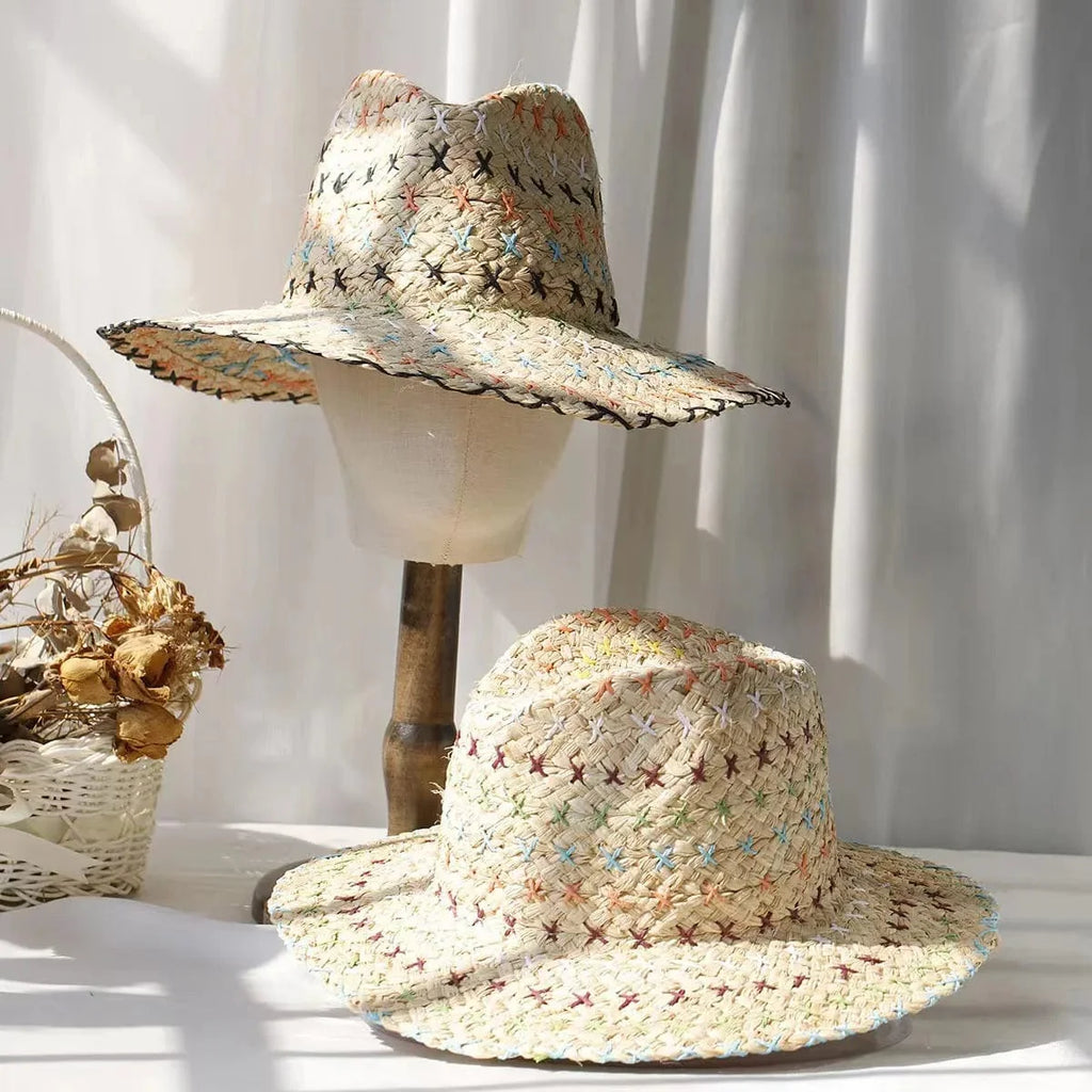 Colorful raffia straw Panama hat for women with bohemian style, perfect for summer beach vacations and sun protection.