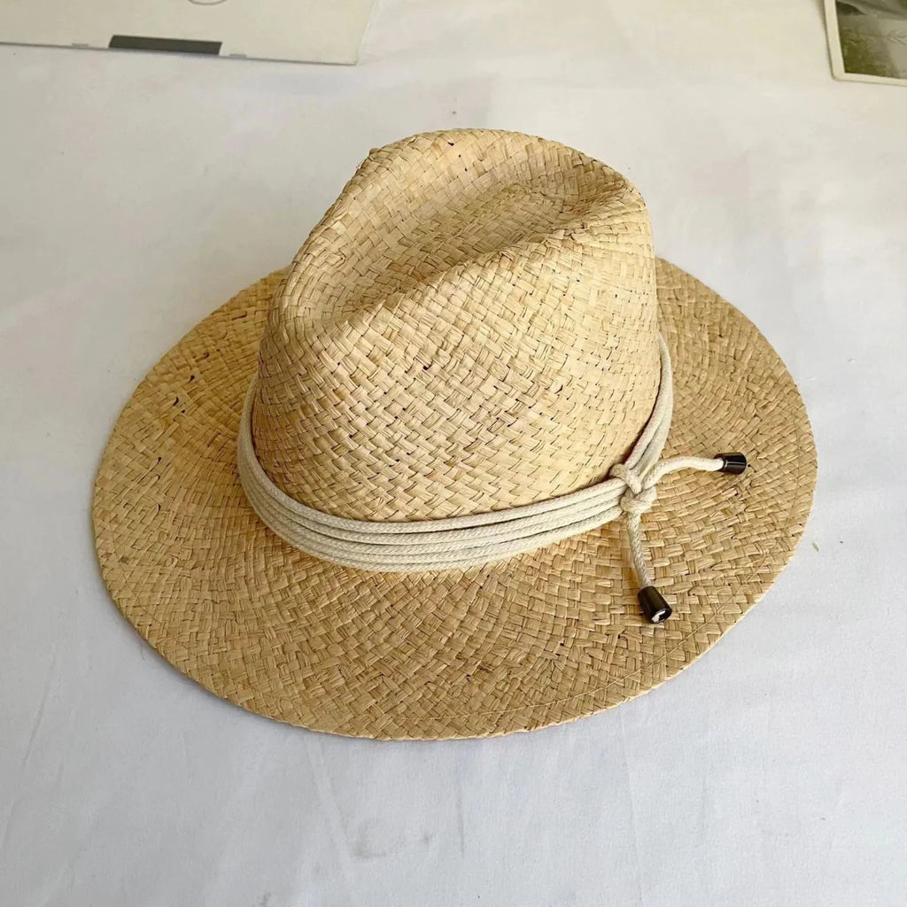 Showlu Women's Raffia Straw Panama Hat with colorful stitched details, perfect for bohemian summer beach or vacation sun protection