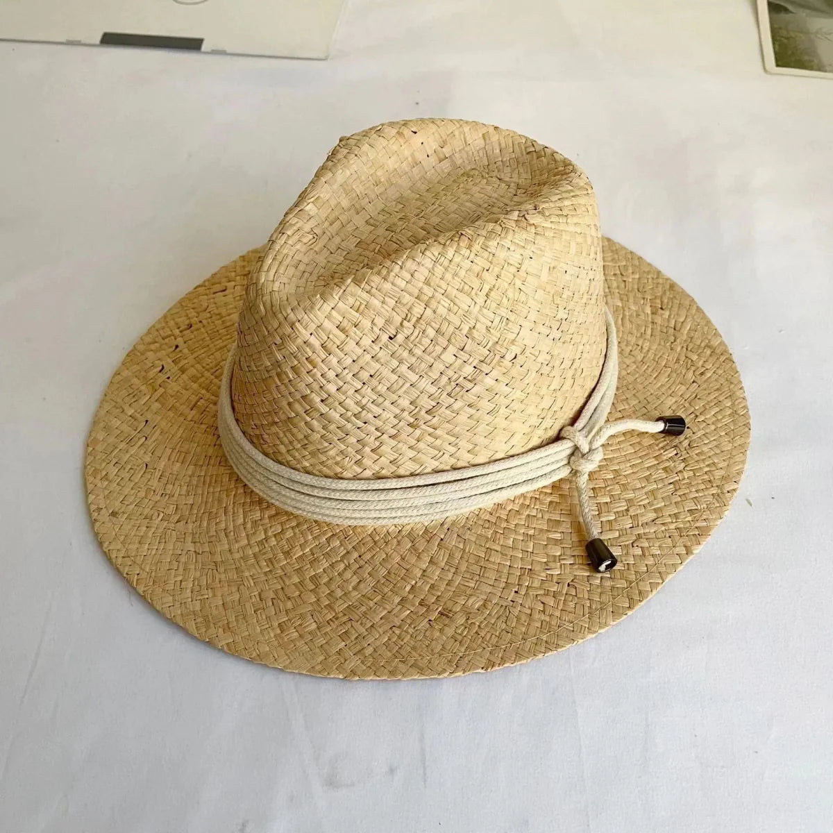 Showlu Women's Raffia Straw Panama Hat with colorful stitched details, perfect for bohemian summer beach or vacation sun protection