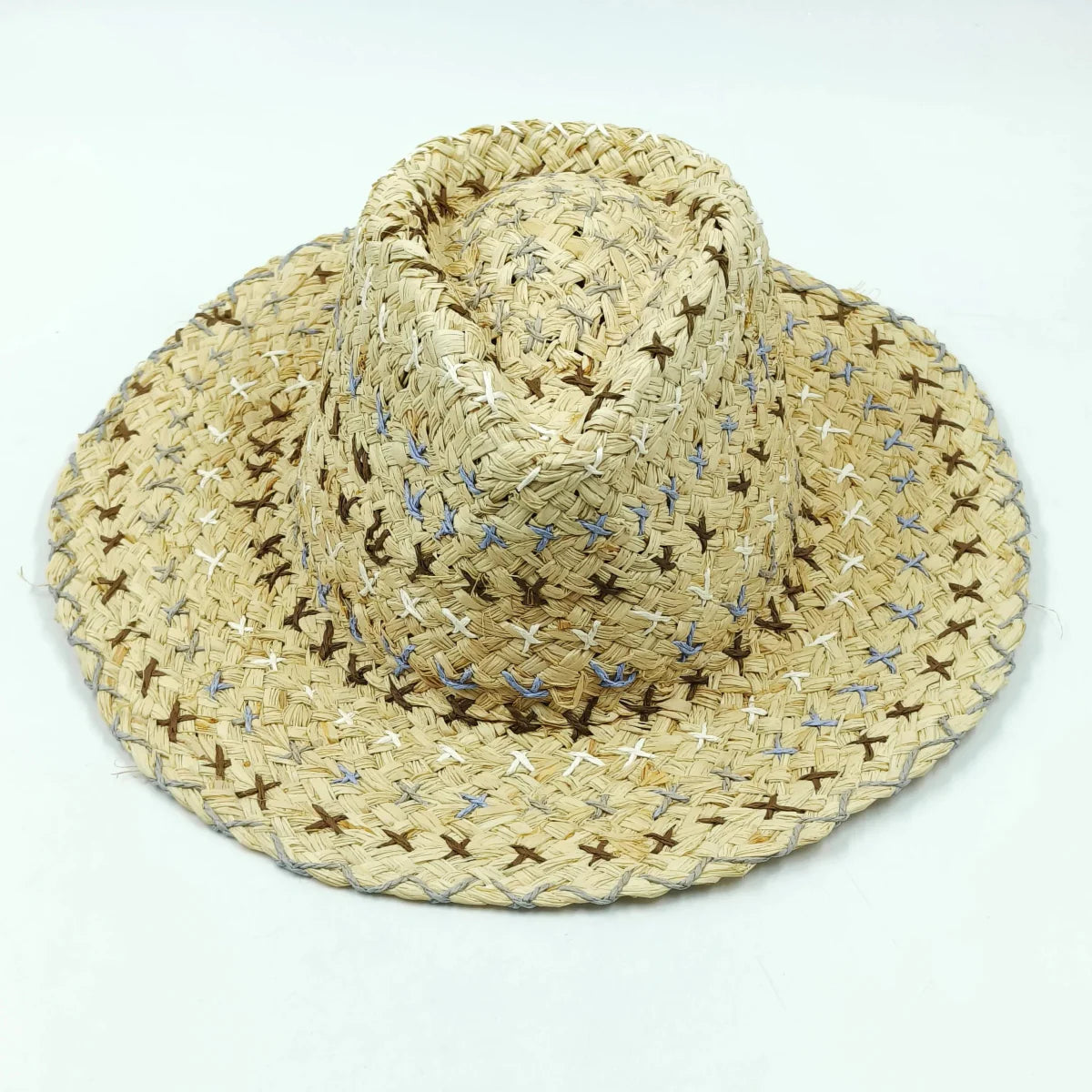 Showlu women's raffia straw Panama hat with colorful stitched design, perfect for bohemian summer beach and vacation sun protection.