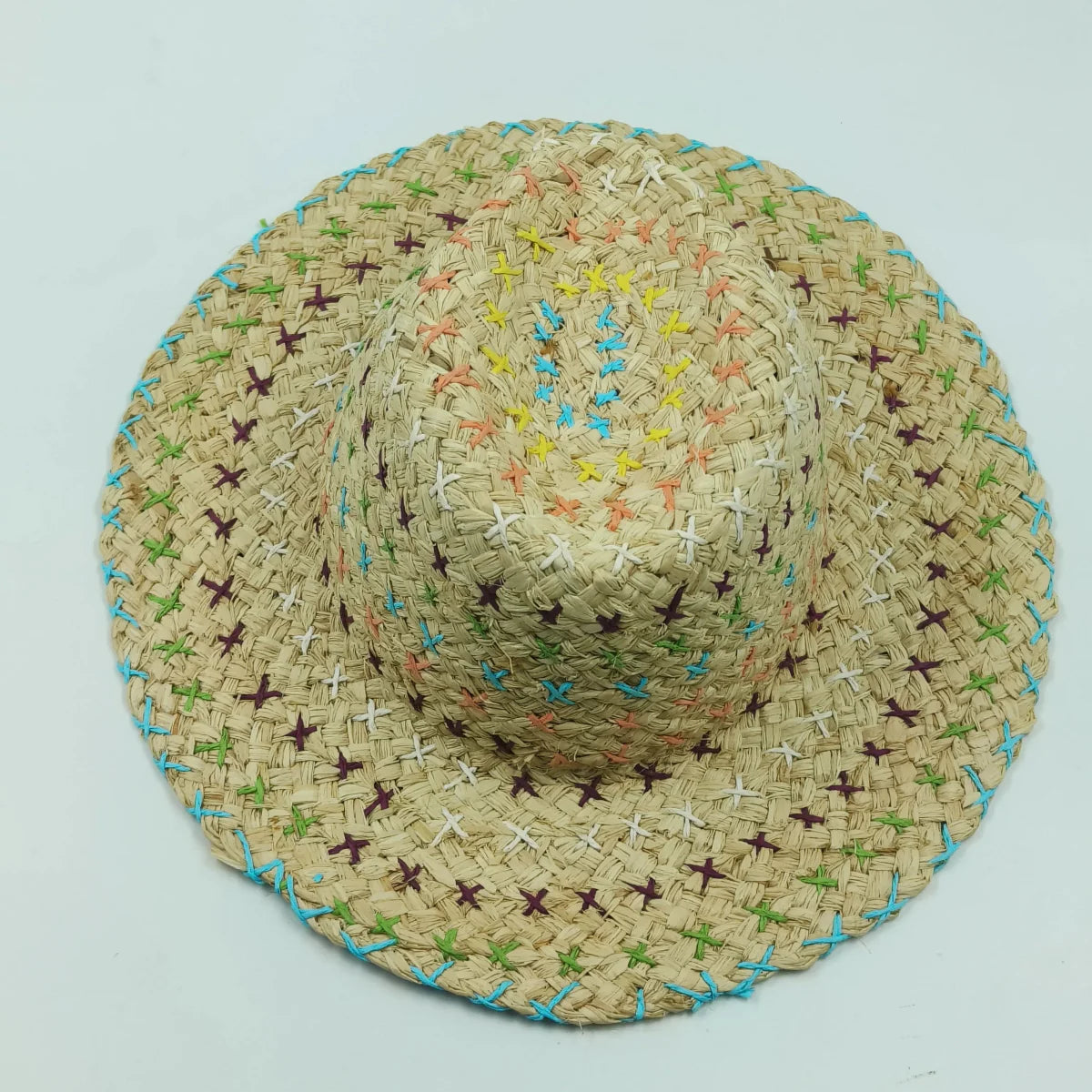 Showlu Women's Raffia Straw Panama Hat with colorful stitched design, perfect for bohemian summer beach and vacation sun protection.