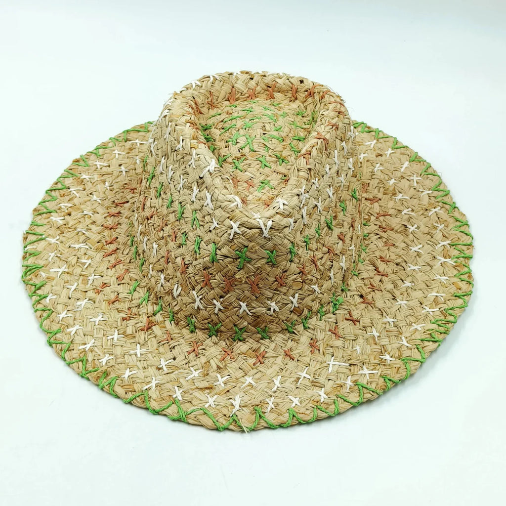 Showlu Women's Raffia Straw Panama Hat with colorful stitched design, perfect for bohemian summer beach and vacation sun protection.