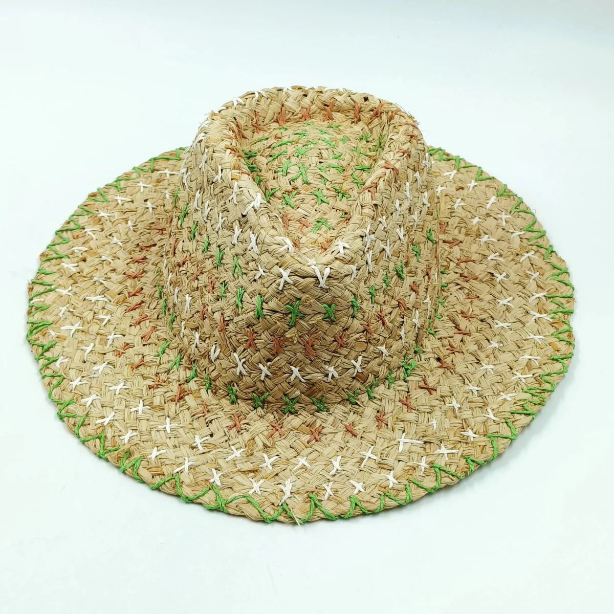 Showlu Women's Raffia Straw Panama Hat with colorful stitched design, perfect for bohemian summer beach and vacation sun protection.
