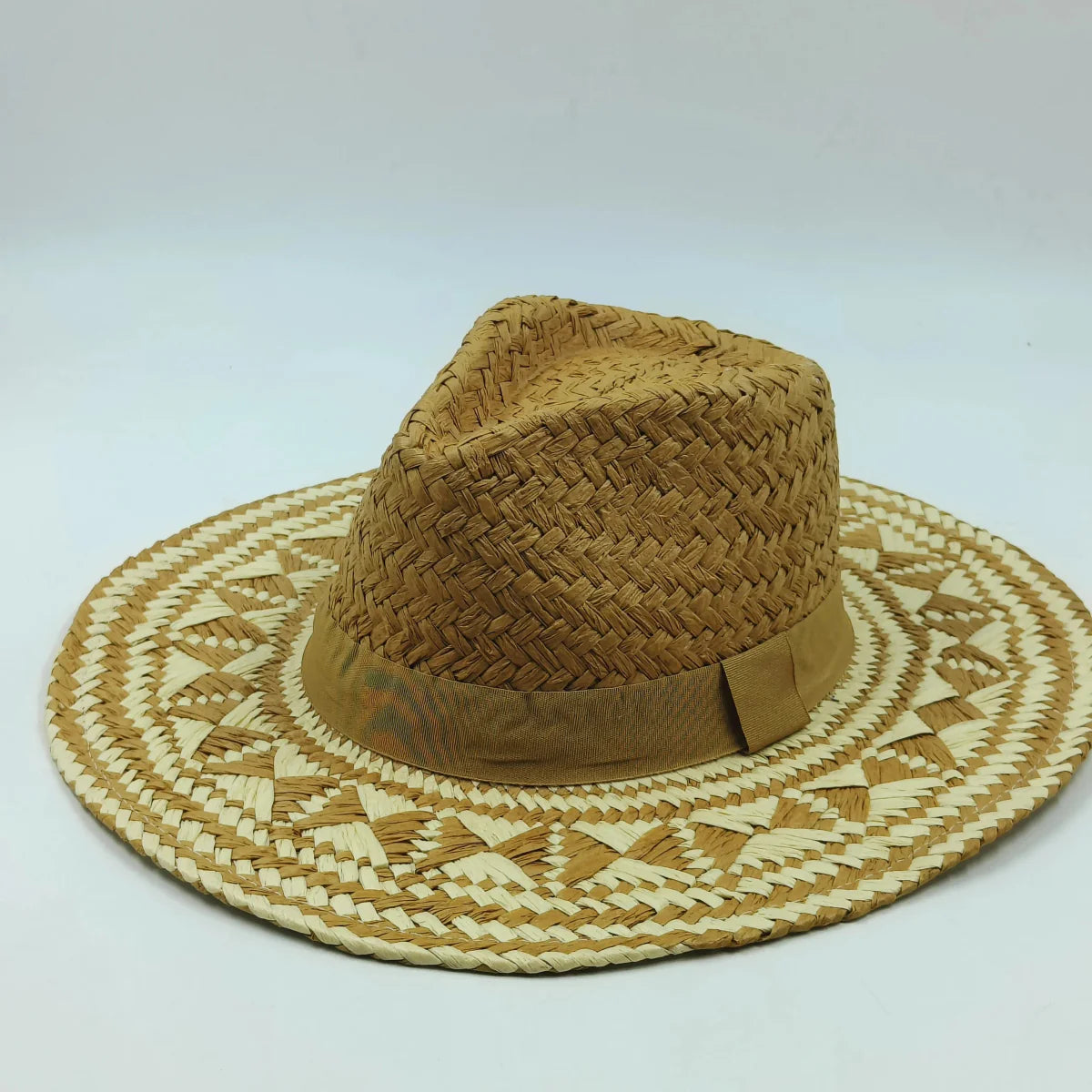 Showlu Women's Raffia Straw Panama Hat with colorful stitched design, perfect for summer beach and vacation sun protection.