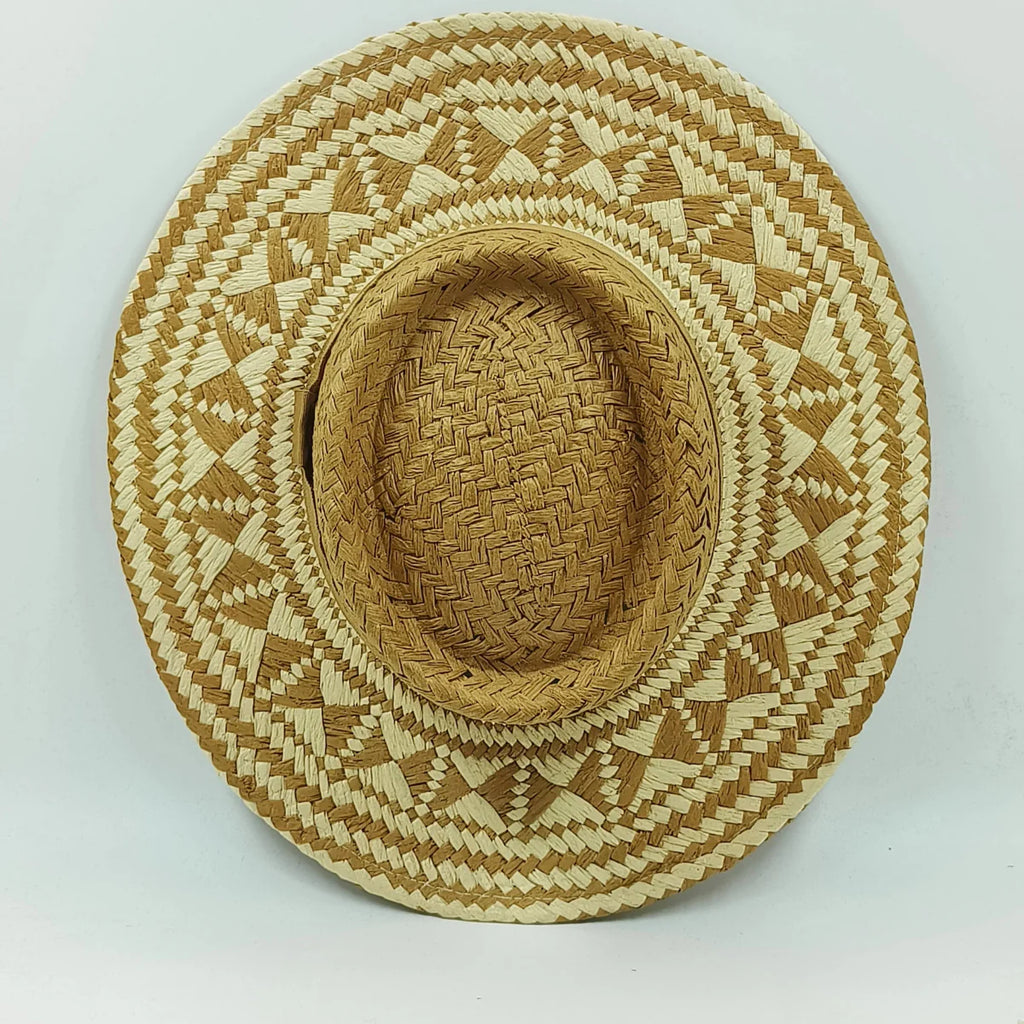 Showlu Women's Raffia Straw Panama Hat with colorful stitched design, perfect for bohemian summer beach and vacation sun protection.