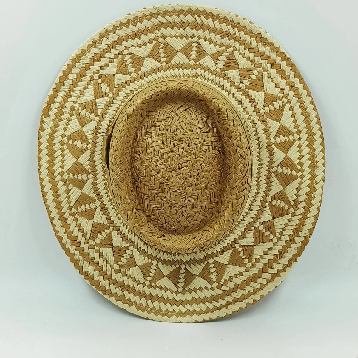 Showlu Women's Raffia Straw Panama Hat with colorful stitched design, perfect for bohemian summer beach and vacation sun protection.