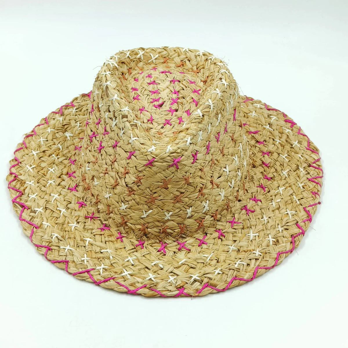 Showlu Women's Raffia Straw Panama Hat with colorful stitched design, perfect for bohemian summer beach and vacation outdoor wear.