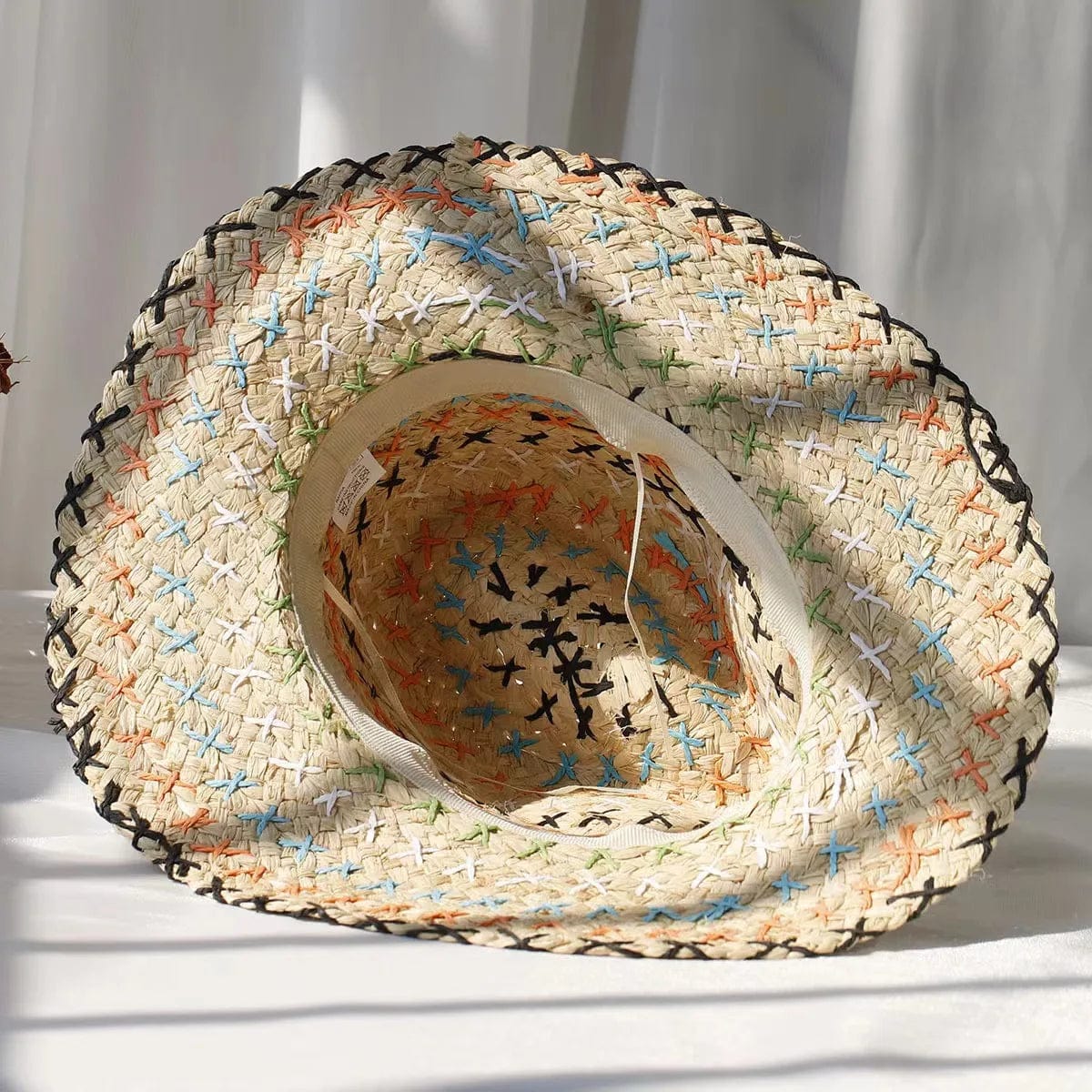 Showlu Women's Raffia Straw Panama Hat with colorful stitched details, perfect for bohemian summer beach and vacation sun protection.