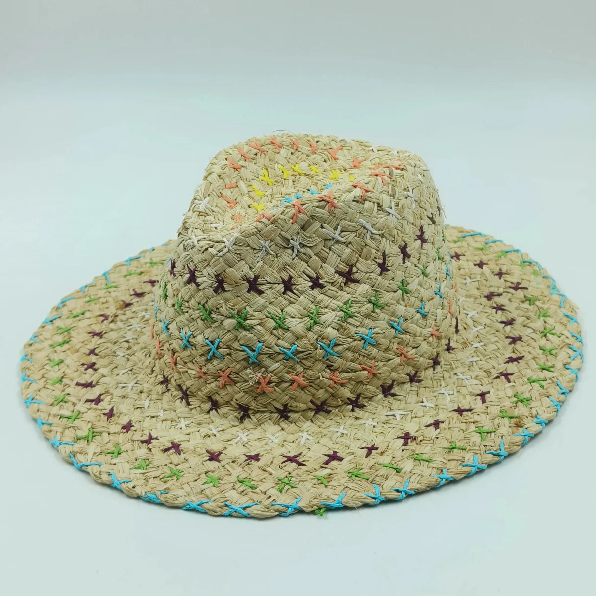 Showlu Women's Raffia Straw Panama Hat with colorful stitched design, perfect for bohemian summer beach and vacation sun protection.