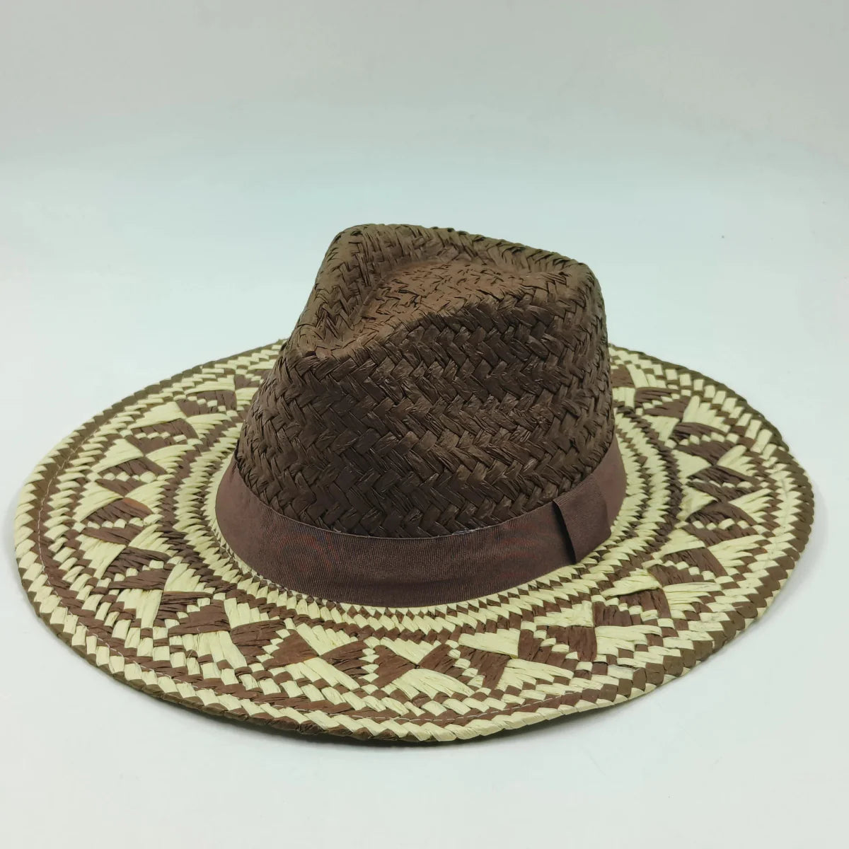 Showlu Women's Raffia Straw Panama Hat with colorful stitched design, perfect for bohemian summer beach and vacation sun protection.